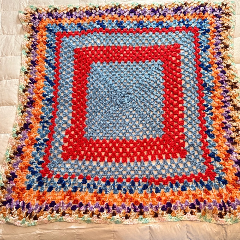 Vintage Handmade Vibrant Colored Crochet Granny Square Boho Blanket Afghan Throw
